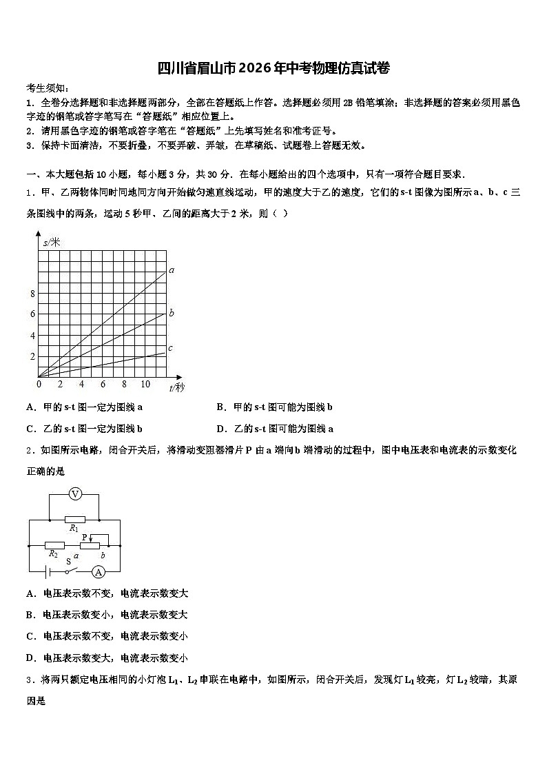 四川省眉山市2026年中考物理仿真试卷（含答案解析）第1页