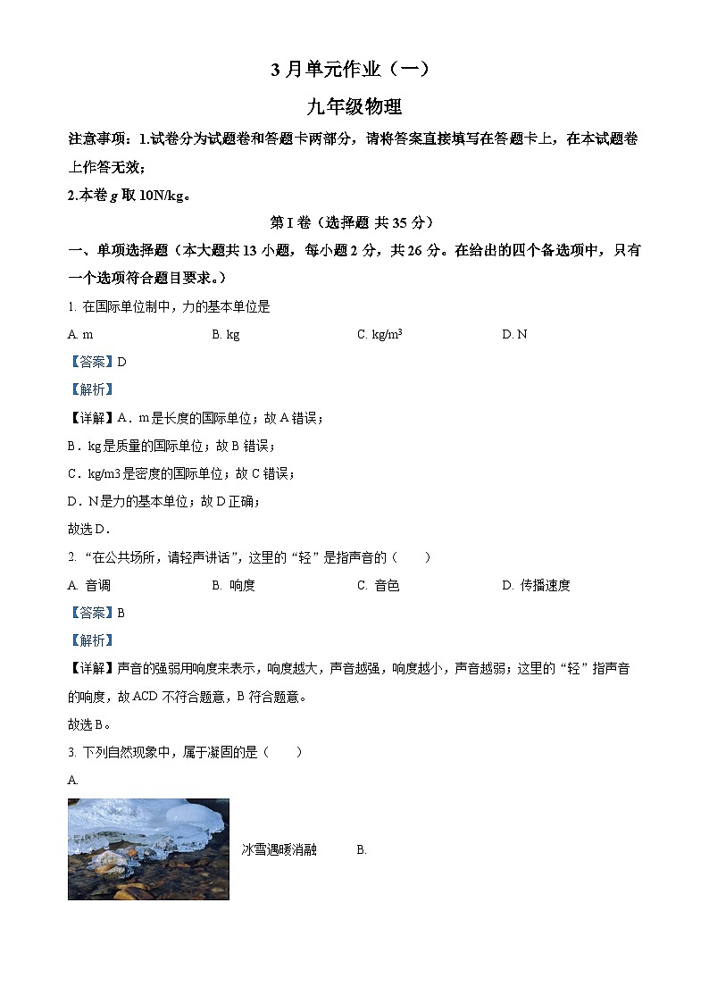 广西南宁天桃教育集团九年级下学期3月月考物理试题（解析版）-A4第1页