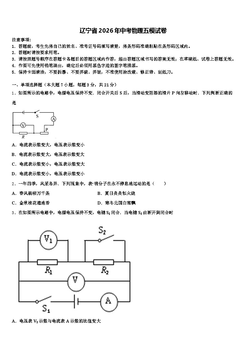 辽宁省2026年中考物理五模试卷（含答案解析）第1页