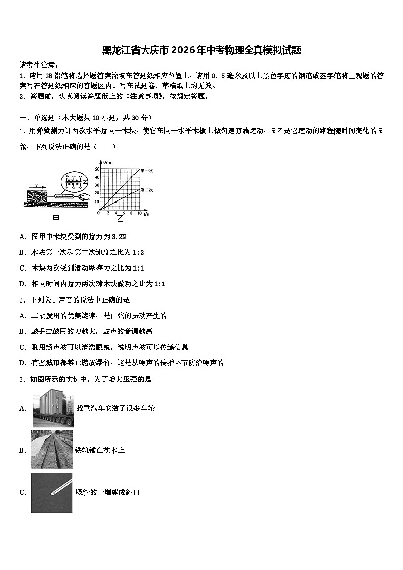 黑龙江省大庆市2026年中考物理全真模拟试题（含答案解析）第1页