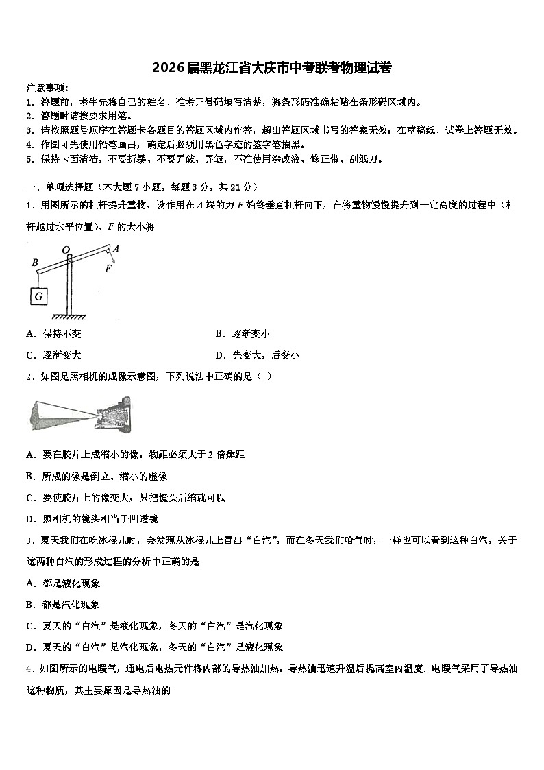 2026届黑龙江省大庆市中考联考物理试卷（含答案解析）第1页