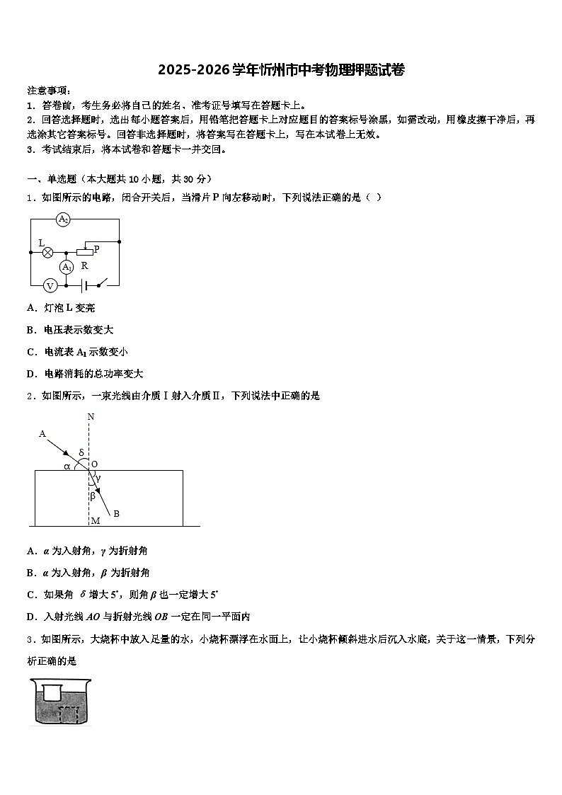 2025-2026学年忻州市中考物理押题试卷（含答案解析）第1页