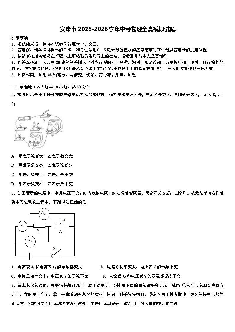 安康市2025-2026学年中考物理全真模拟试题（含答案解析）第1页