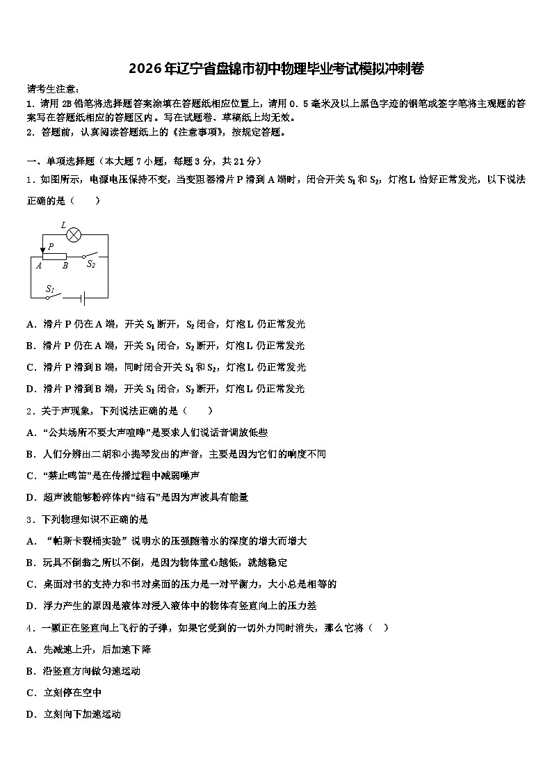 2026年辽宁省盘锦市初中物理毕业考试模拟冲刺卷（含答案解析）第1页