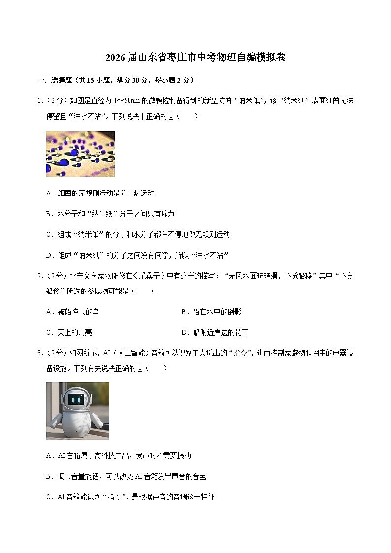 2026届山东省枣庄市中考物理自编模拟卷 （原卷版）第1页