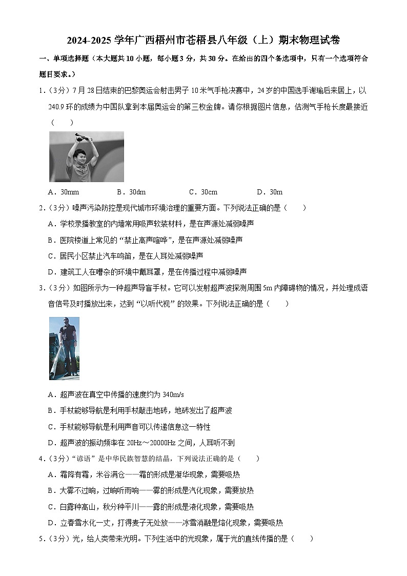 广西梧州市苍梧县2024-2025学年八年级上学期期末物理试卷-A4第1页