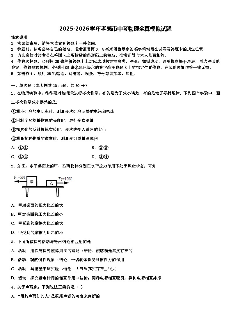 2025-2026学年孝感市中考物理全真模拟试题（含答案解析）第1页