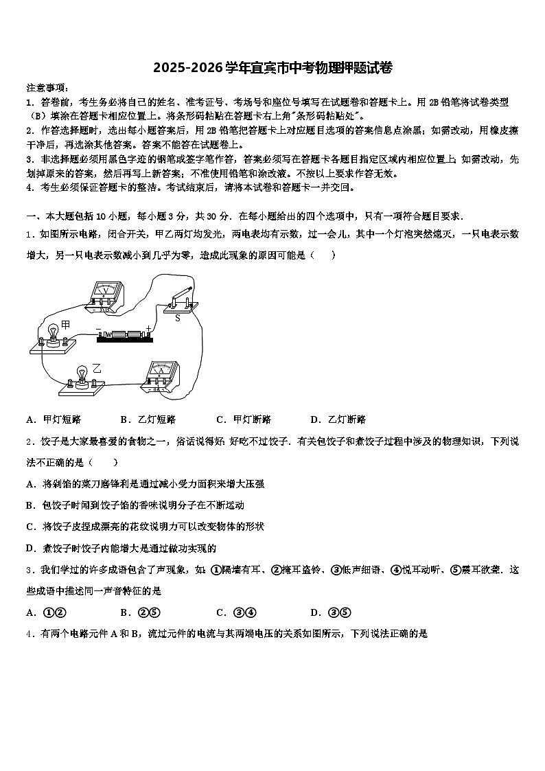 2025-2026学年宜宾市中考物理押题试卷（含答案解析）第1页