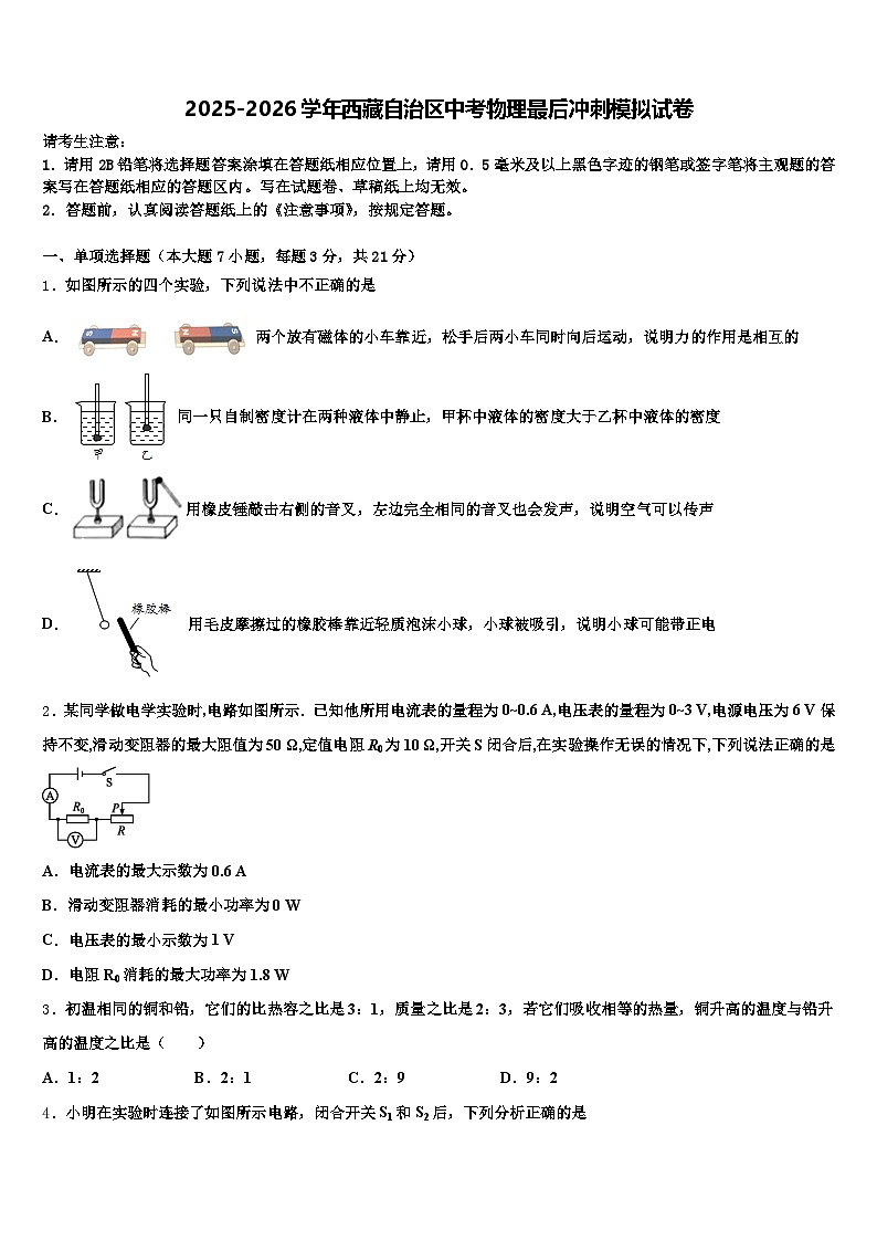 2025-2026学年西藏自治区中考物理最后冲刺模拟试卷（含答案解析）第1页