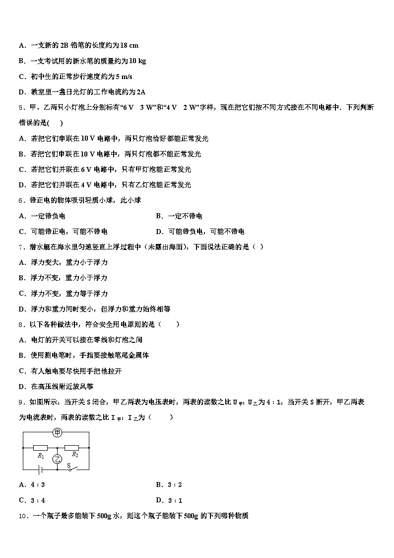 南通市2026年中考适应性考试物理试题（含答案解析）第2页