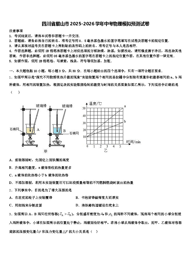 四川省眉山市2025-2026学年中考物理模拟预测试卷（含答案解析）第1页