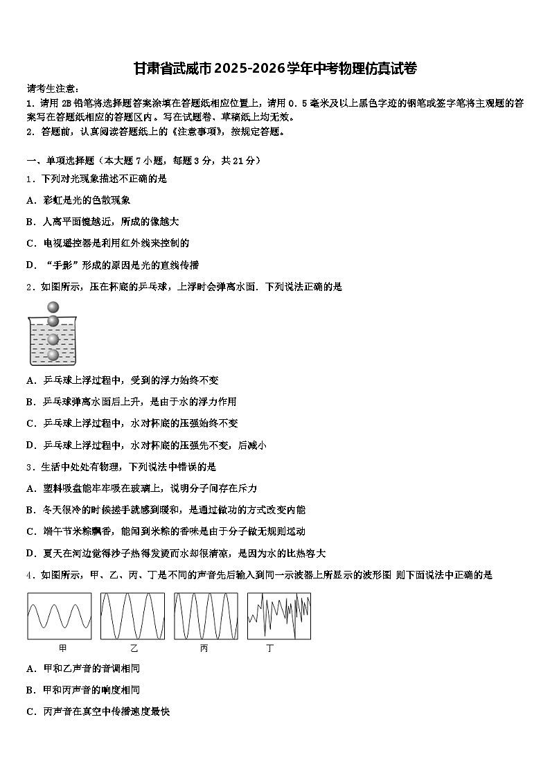 甘肃省武威市2025-2026学年中考物理仿真试卷（含答案解析）第1页