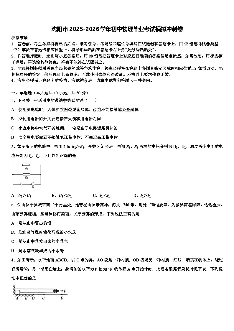 沈阳市2025-2026学年初中物理毕业考试模拟冲刺卷（含答案解析）第1页