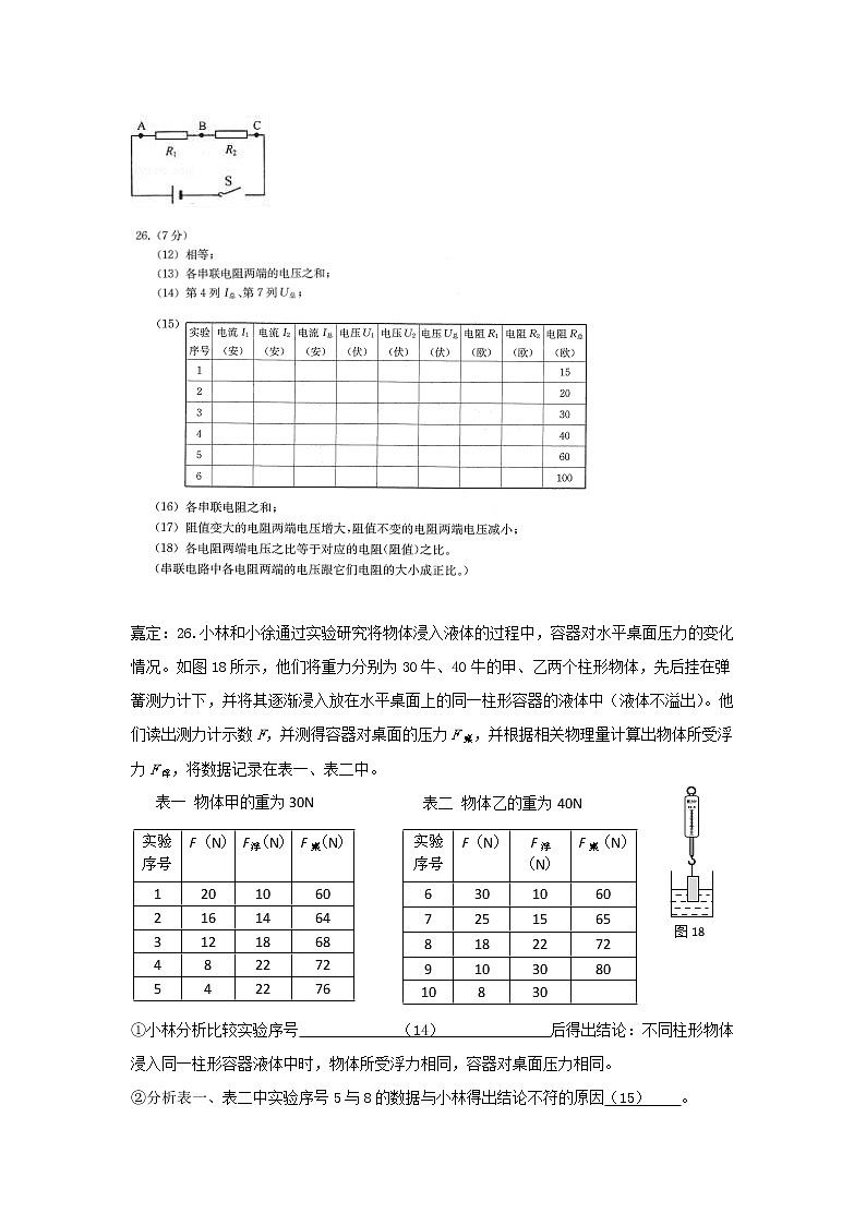 上海市17届中考物理一模表格实验题02