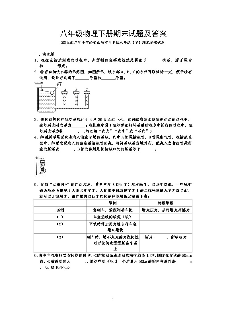 八年级物理下册期末试题及答案 （2016-2017学年河南省南阳市内乡县）01