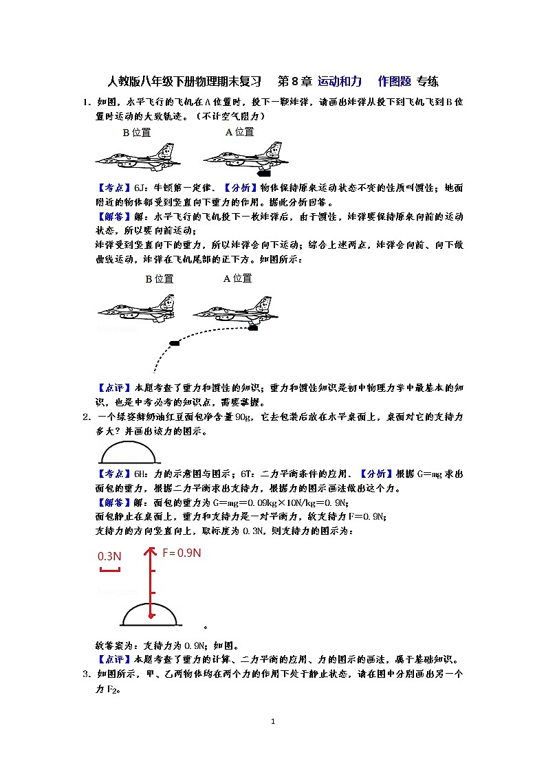 人教版八年级下册物理期末复习   第8章 运动和力   作图题 专练（有答案）-解析板01