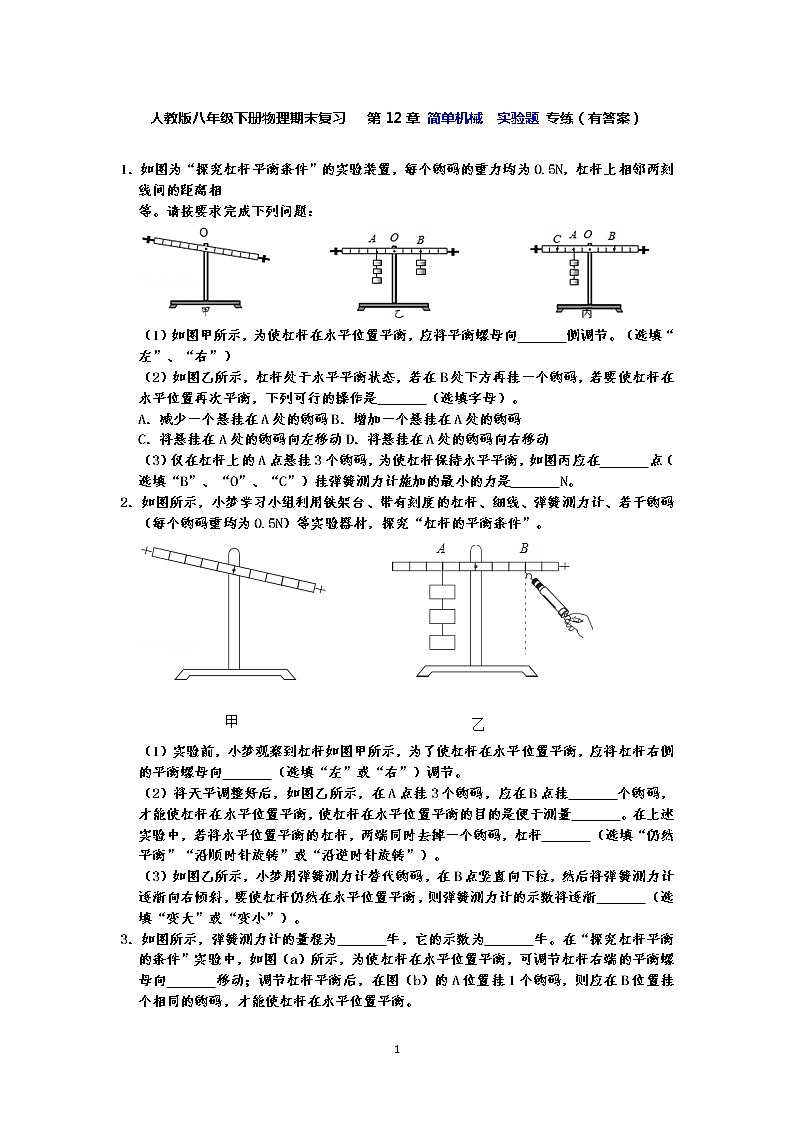 人教版八年级下册物理期末复习   第12章 简单机械  实验题 专练（有答案）01