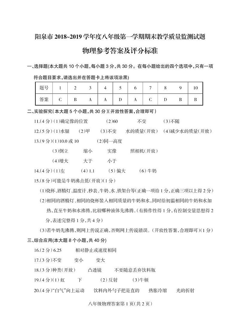 【八年级物理上学期期末考卷】山西省阳泉市2018-2019学年八年级上学期期末考试物理答案01