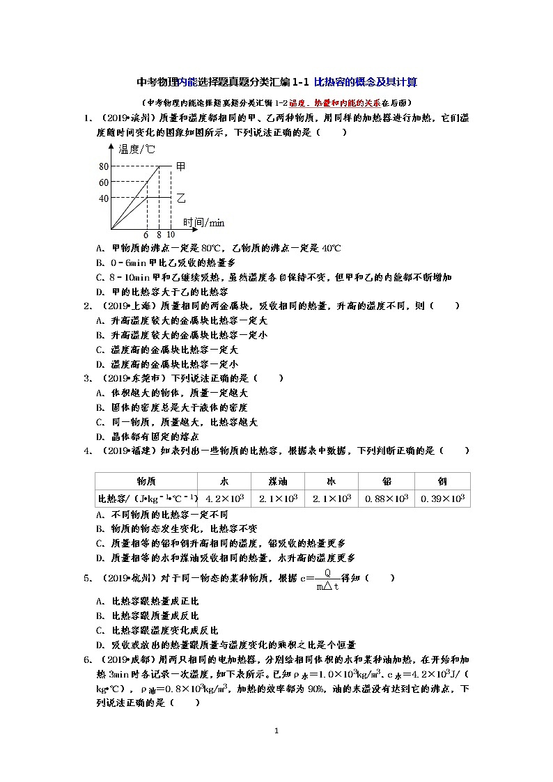中考物理内能选择题真题分类汇编1 比热容的概念及其计算 +温度、热量和内能的关系（共22题，有答案）01