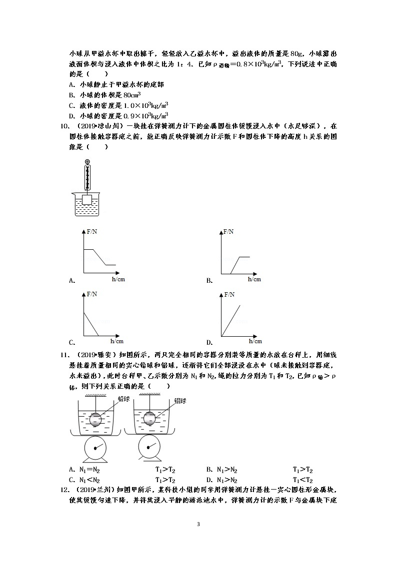 2019中考物理真题分类汇编压强和浮力 选择题3  浮力大小、阿基米德原理（共18题，有答案）03