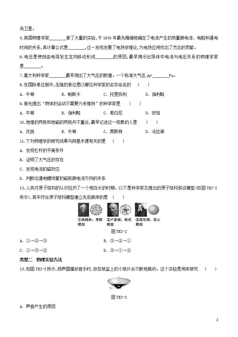 （福建专版）2020中考物理复习方案第02篇题型突破题型训练02物理学史和物理实验方法试题02