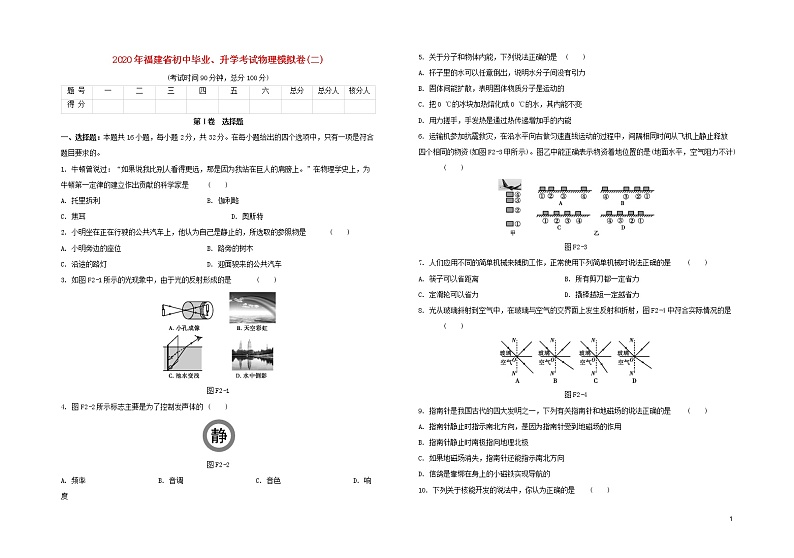 （福建专版）2020中考物理复习方案第03篇仿真模拟卷02试题01