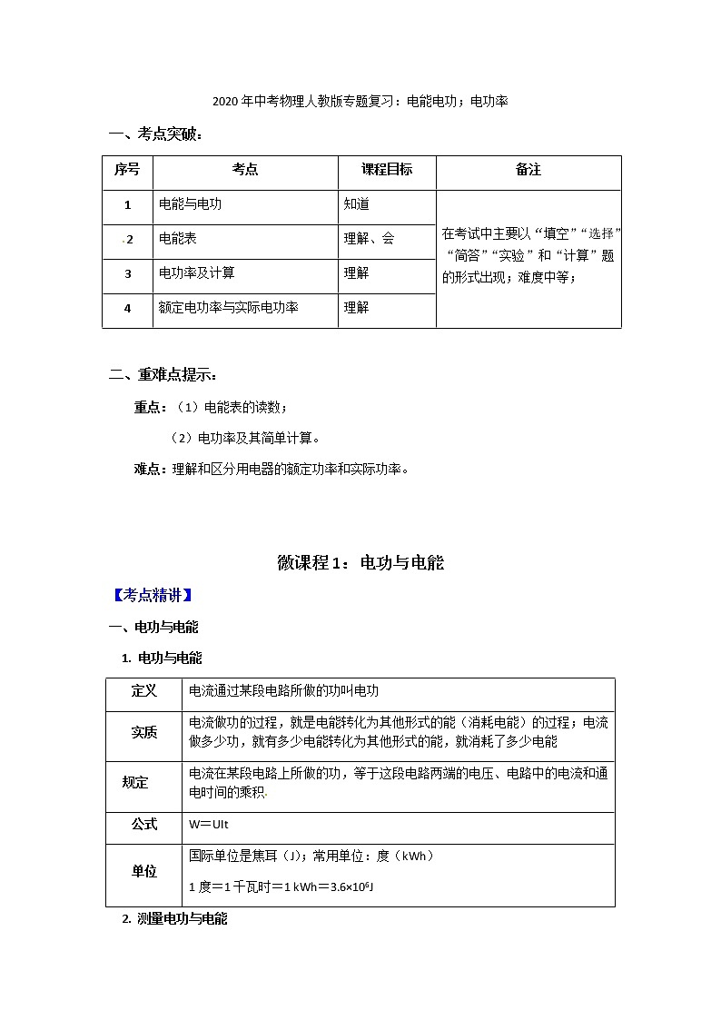 2020年中考物理人教版专题复习：电能电功；电功率 教案01