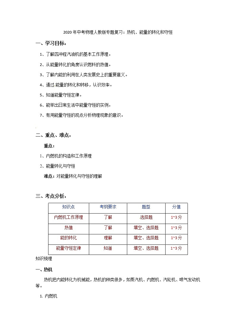 2020年中考物理人教版专题复习：热机、能量的转化和守恒 教案01