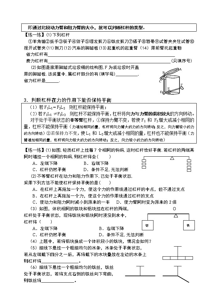 2020苏科版九年级物理学习共同体中考复习专题  杠杆平衡条件的应用（无答案）02