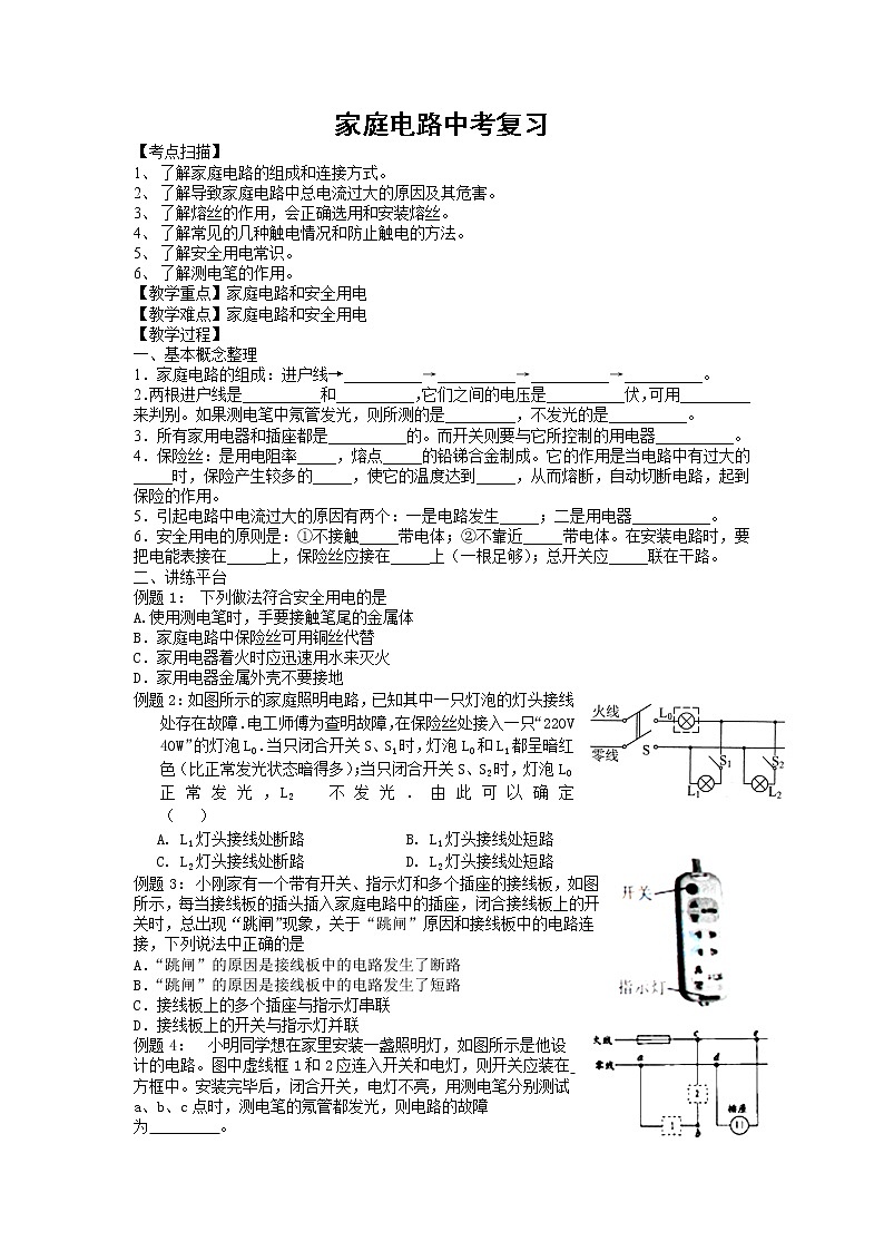 苏科版九年级物理学习共同体中考复习专题 家庭电路复习学案（无答案）01