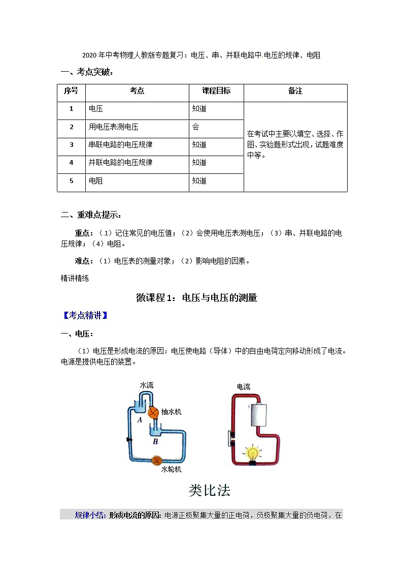2020年中考物理人教版专题复习：电压、串、并联电路中电压的规律、电阻01
