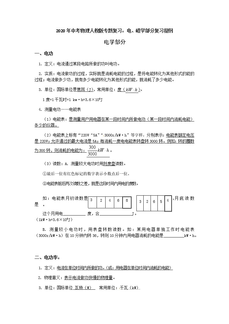 2020年中考物理人教版专题复习：电、磁学部分复习提纲01
