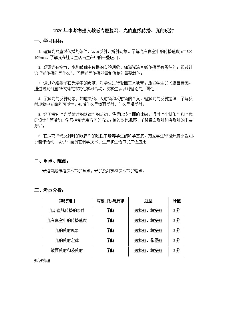 2020年中考物理人教版专题复习：光的直线传播、光的反射01