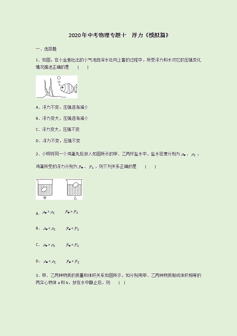 2020年中考物理专题十  浮力练习题  含答案01