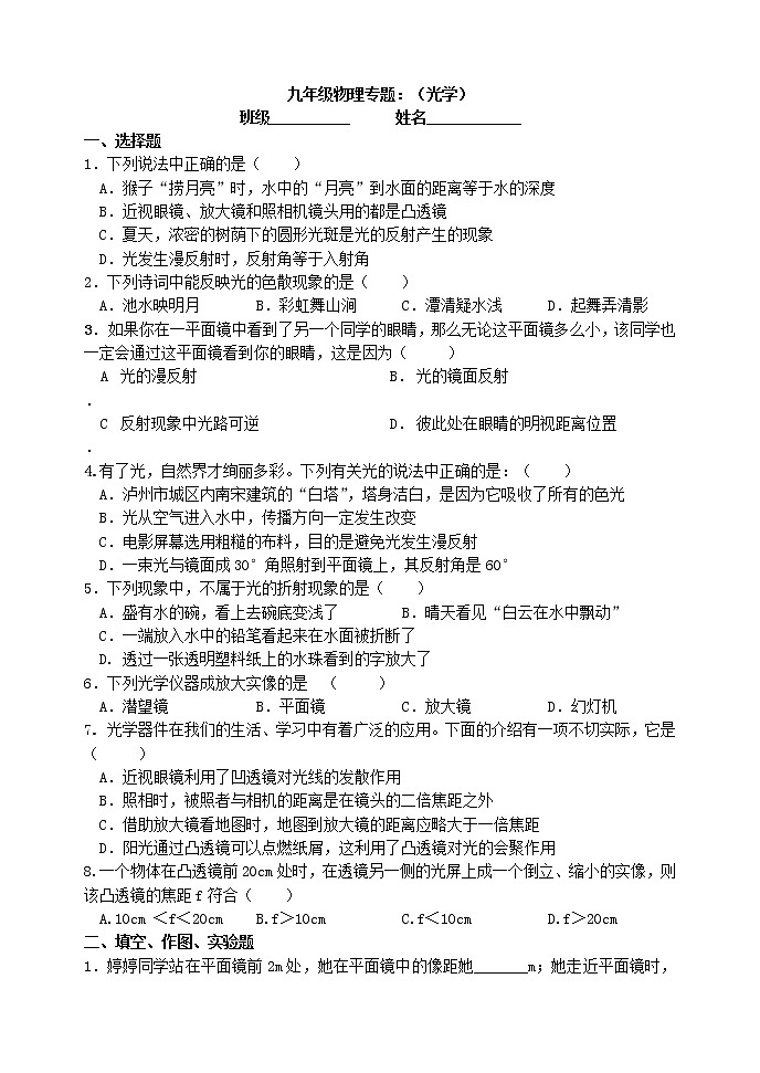 人教版九年级物理中考复习第四章《光学》专题训练（无答案）第1页