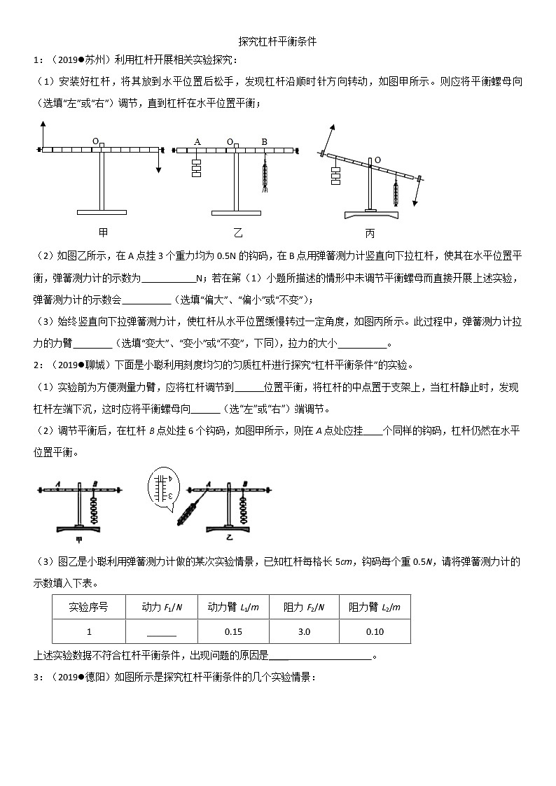2020届中考物理实验专题强化练习卷：探究杠杆平衡条件01