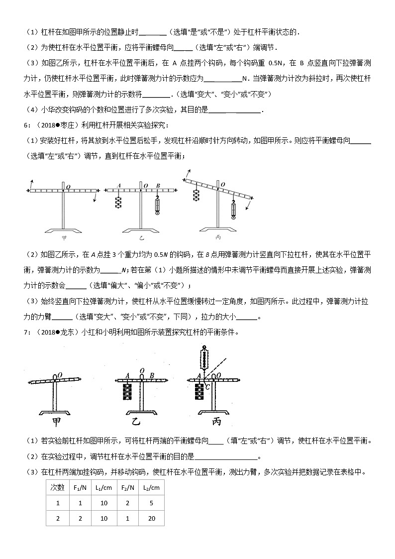2020届中考物理实验专题强化练习卷：探究杠杆平衡条件03