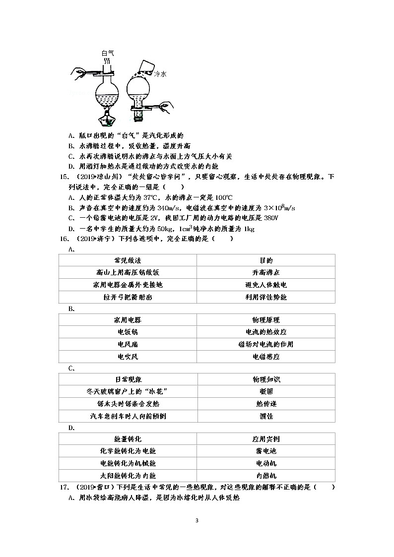 2019中考物理真题分类汇编 物态变化 选择题1 汽化现象、沸腾、蒸发、温度等（共38题，有答案）03