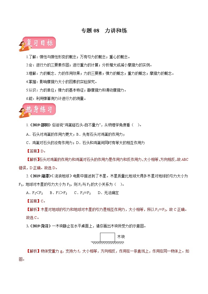 中考物理专题08 力-2020年中考物理一轮复习讲练（解析版）第1页