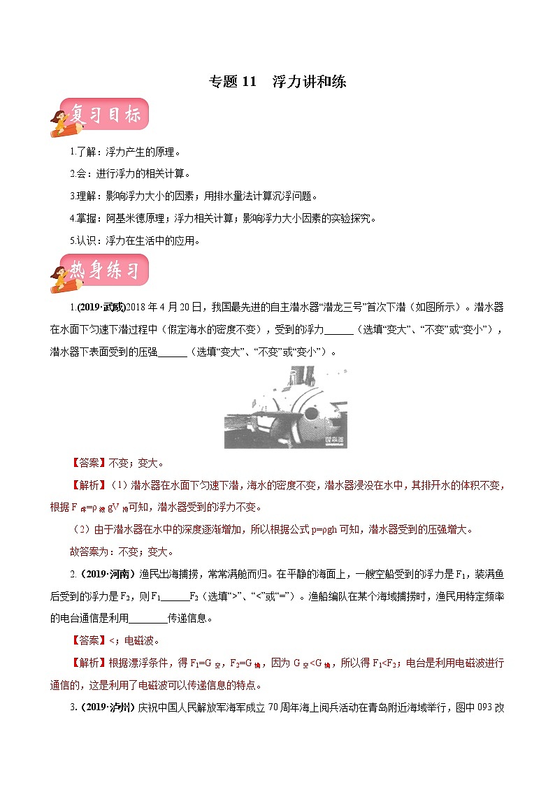 中考物理专题11 浮力-2020年中考物理一轮复习讲练（解析版）01