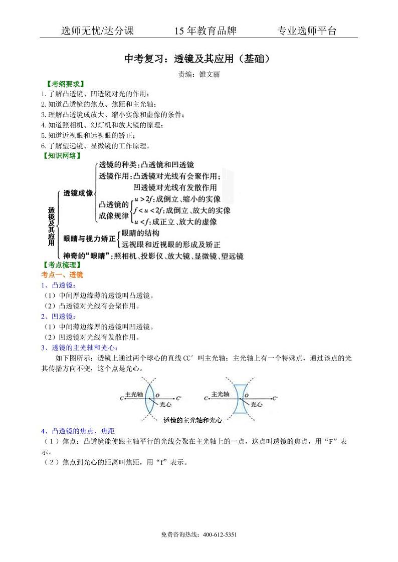 物理中考复习：透镜及其应用（基础）知识讲解01
