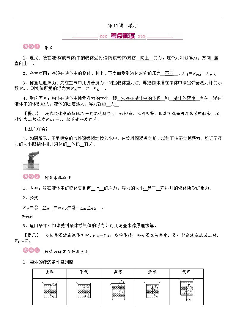 四川省中考物理考点复习教案：第11讲 浮力01