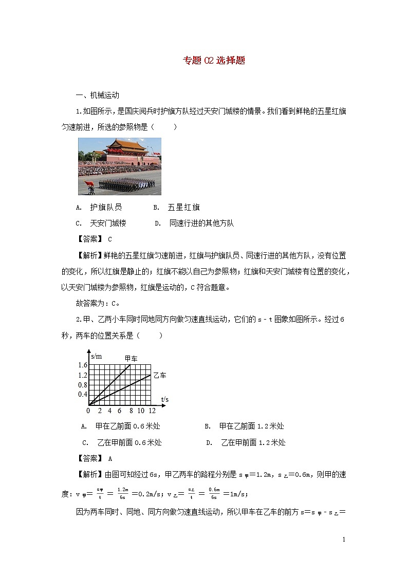 2020中考物理临考考点必杀专练200题专题02选择题含解析01