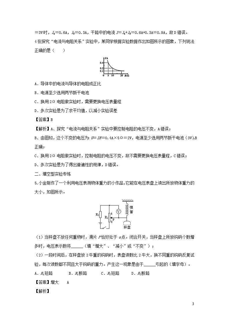 2020年中考物理实验集中专项训练第11练电磁学实验电流电压电阻的关系含解析03
