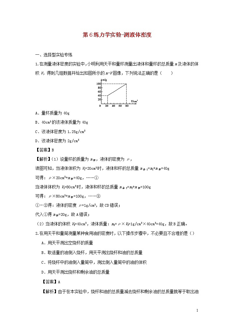 2020年中考物理实验集中专项训练第6练力学实验_测液体密度含解析01