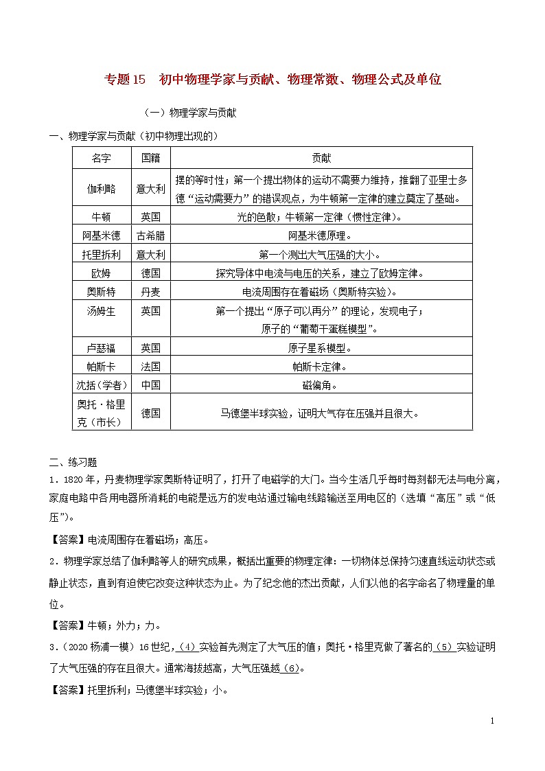 上海市2020年中考物理备考复习资料汇编专题15初中物理学家与贡献物理常数物理公式及单位01