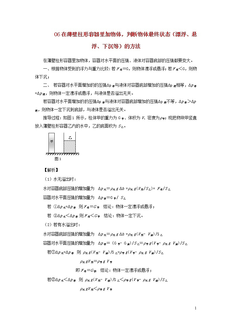 上海市2020年中考物理备考复习资料汇编专题05压强计算题培优题判断是否有液体溢出的方法二01