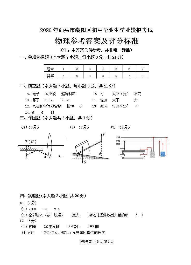 2020年广东省汕头市潮阳区中考模拟物理试卷答案01