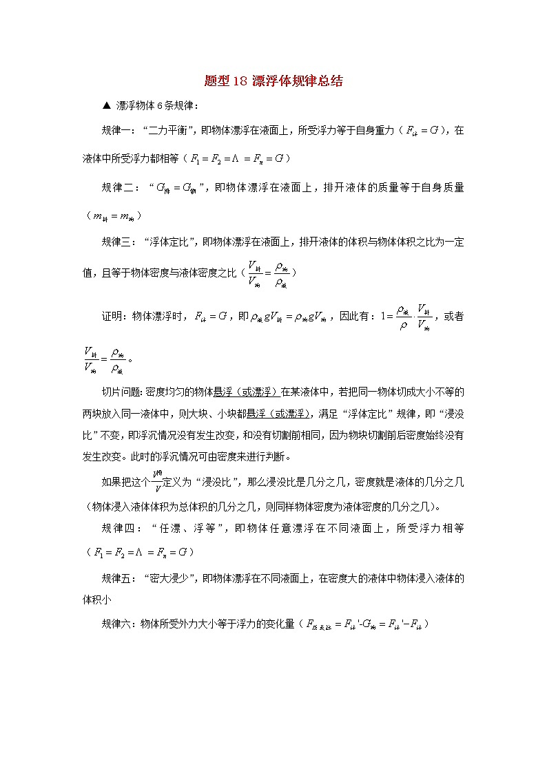 （冲刺2020）中考物理倒计时专攻32种题型18漂浮体规律总结01