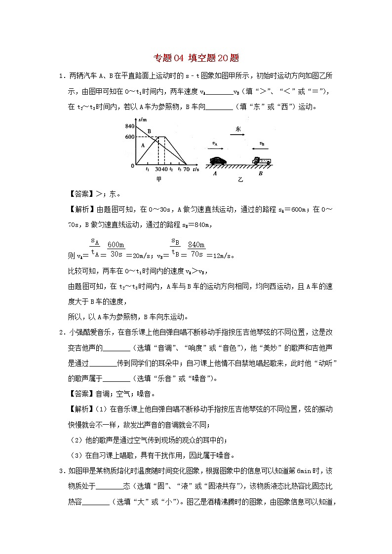 2020年中考一轮复习物理总复习尖子生必刷题特训04填空题20题（含解析）第1页
